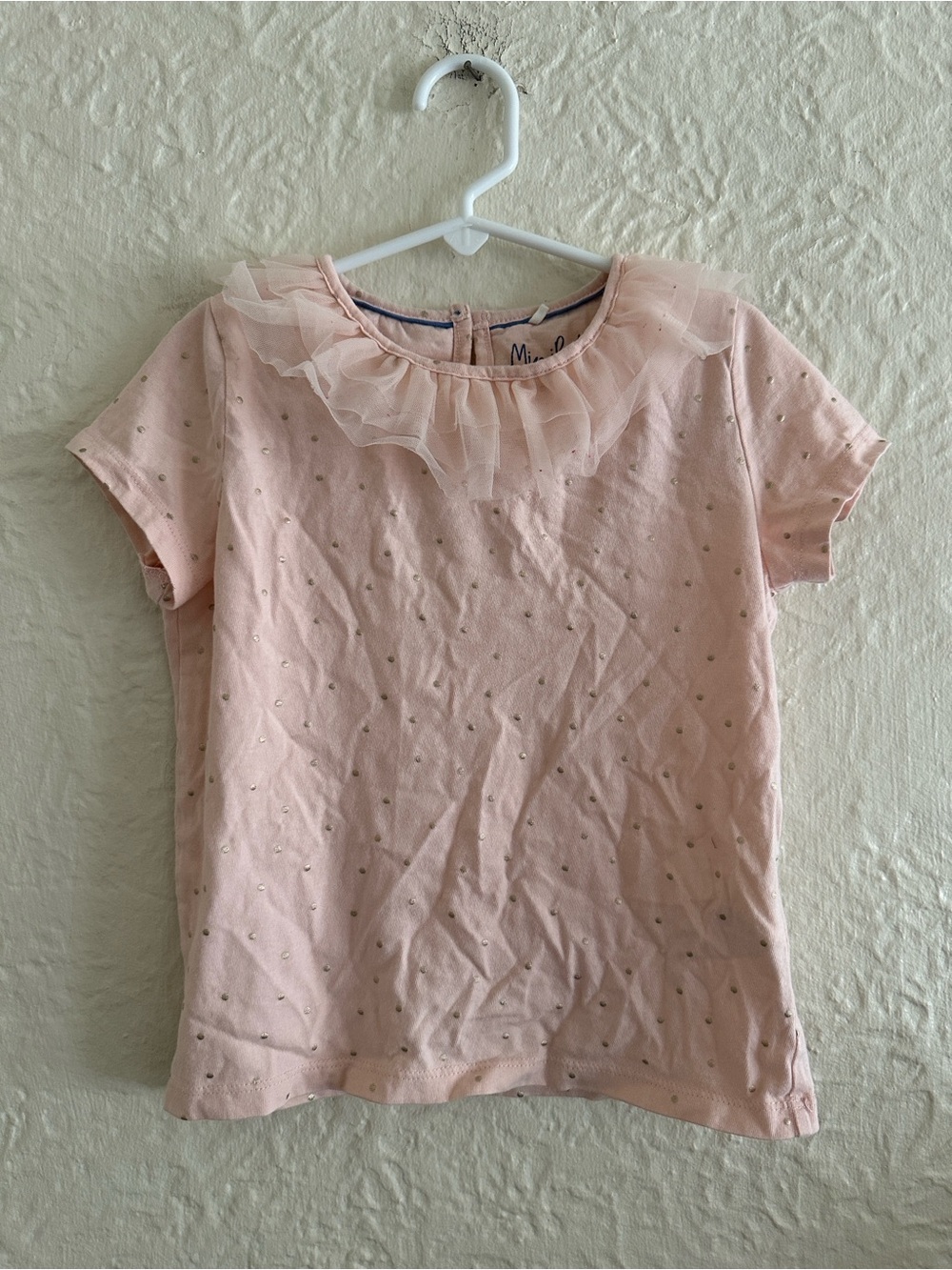 Mini Boden Light Ballet Pink Gold Polka Dot Tulle Neck Trim T-Shirt 5-6Y Girls